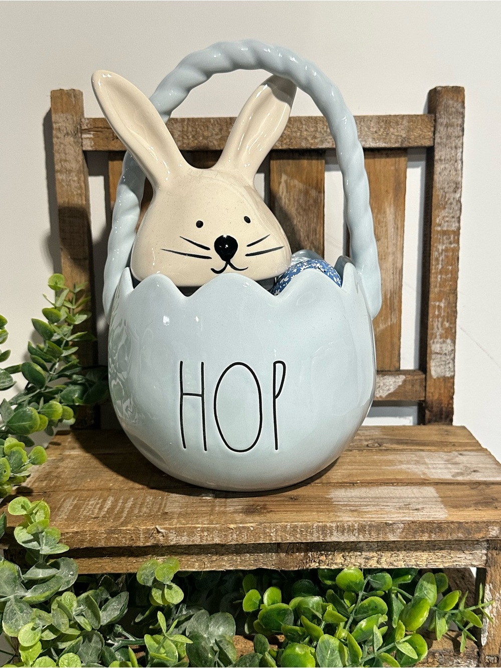 Rae Dunn Ceramic Bunny 'HOP' Decorative Basket - Light Blue